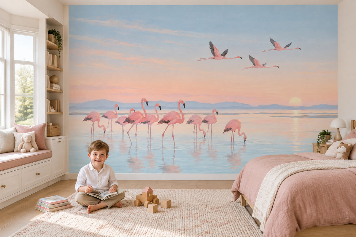 Flying Flamingos Wallpaper Pastel Sunset Lagoon Wall Mural
