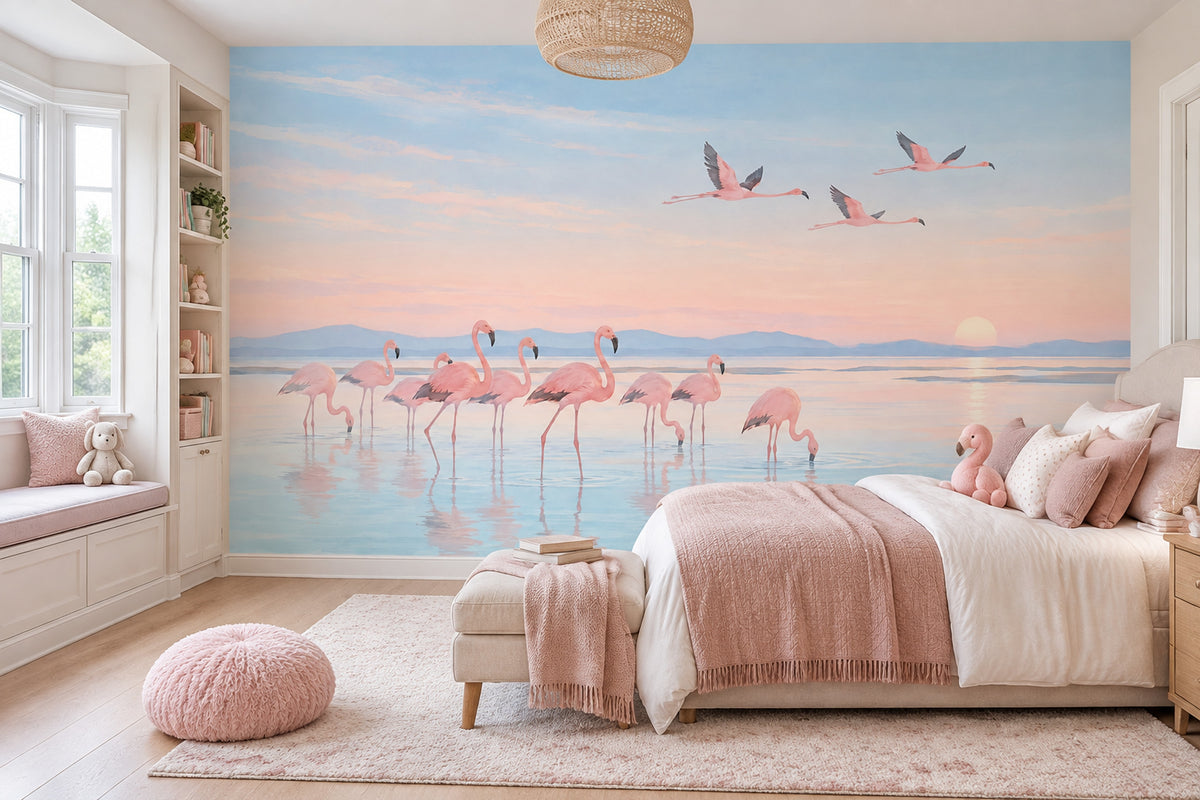 Flying Flamingos Wallpaper Pastel Sunset Lagoon Wall Mural
