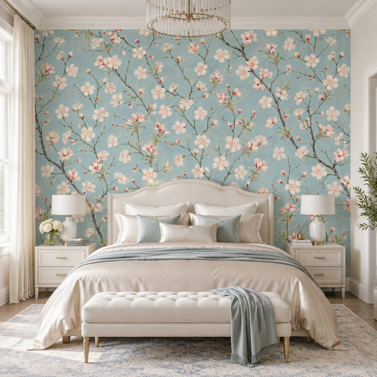 Cherry Blossom Branches Wallpaper Chinoiserie Blue Wall Mural