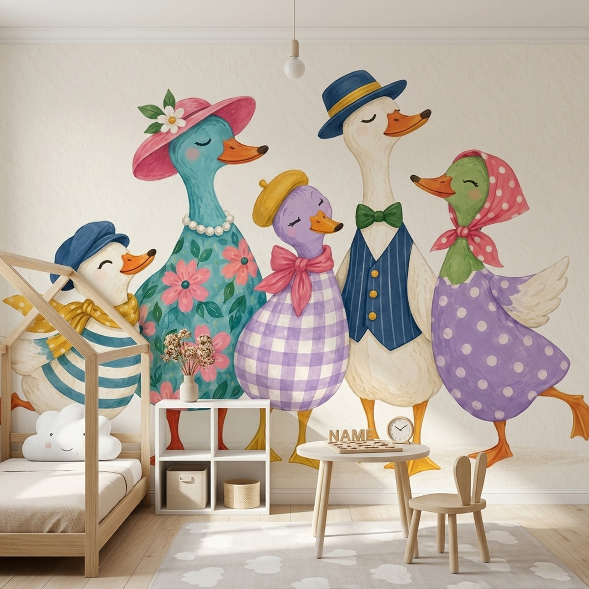 Whimsical Ducks Wallpaper Watercolor Garden Wall Mural
