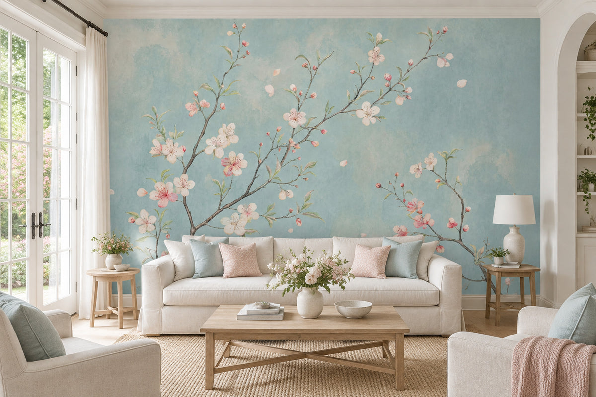 Cherry Blossom Branches Wallpaper Pale Blue Watercolor Wall Mural