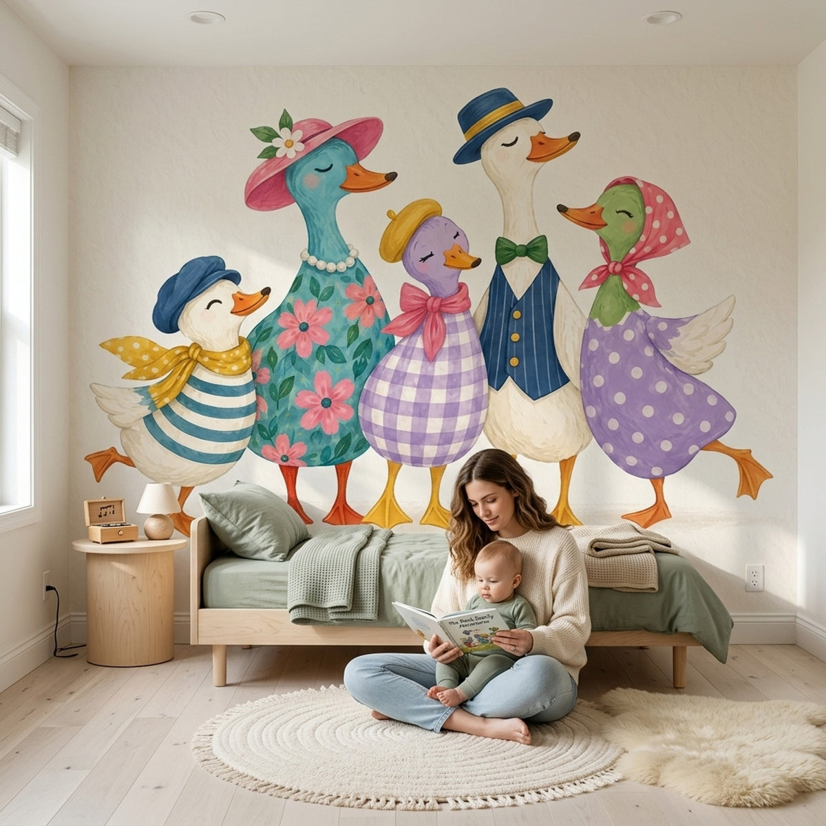 Whimsical Ducks Wallpaper Watercolor Garden Wall Mural