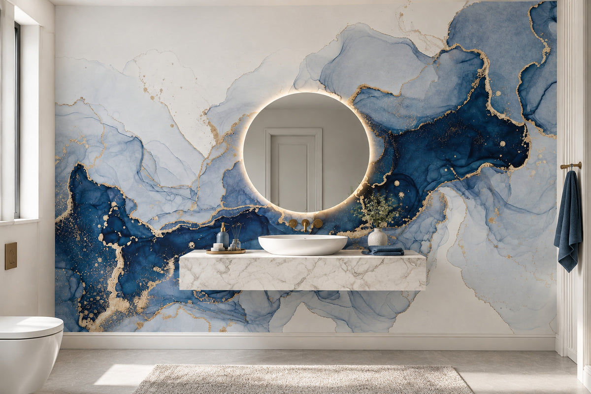 Blue Ink Marble Wallpaper Gold Vein Wall Mural