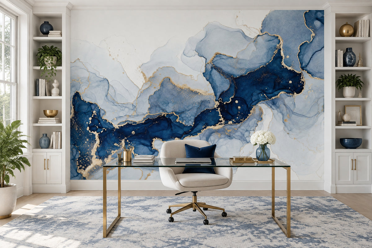 Blue Ink Marble Wallpaper Gold Vein Wall Mural