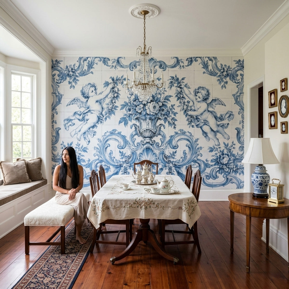 Blue And White Cherubs Wallpaper Rococo Tile Wall Mural