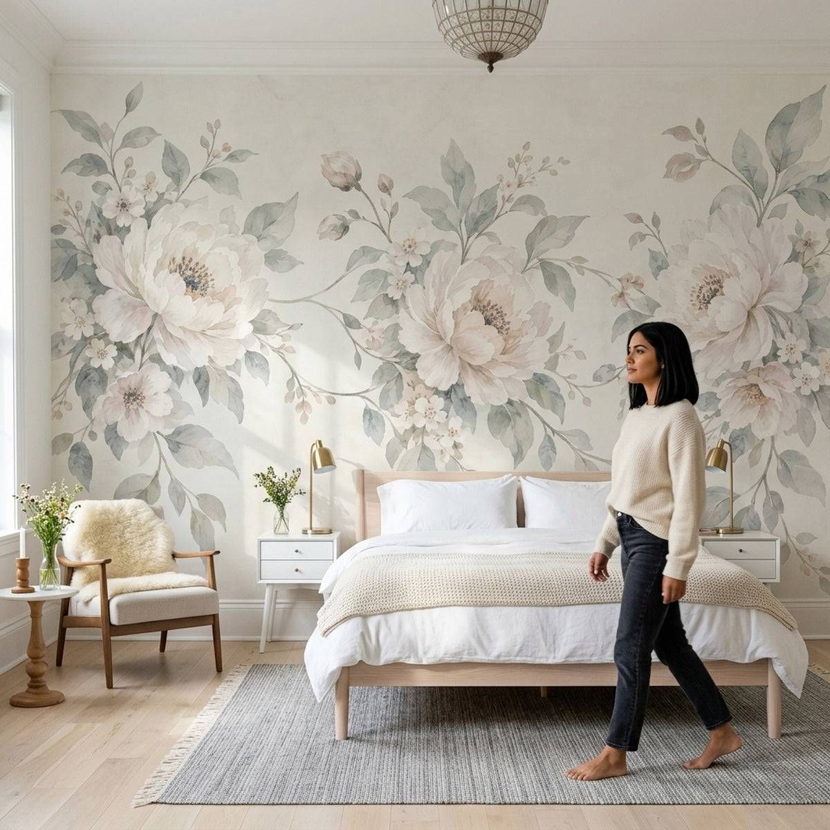 Watercolor Peonies Wallpaper Ivory Botanical Wall Mural