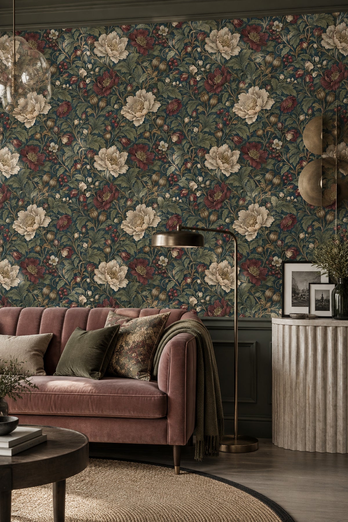 Botanical Floral Wallpaper Dark Teal Vintage Pattern