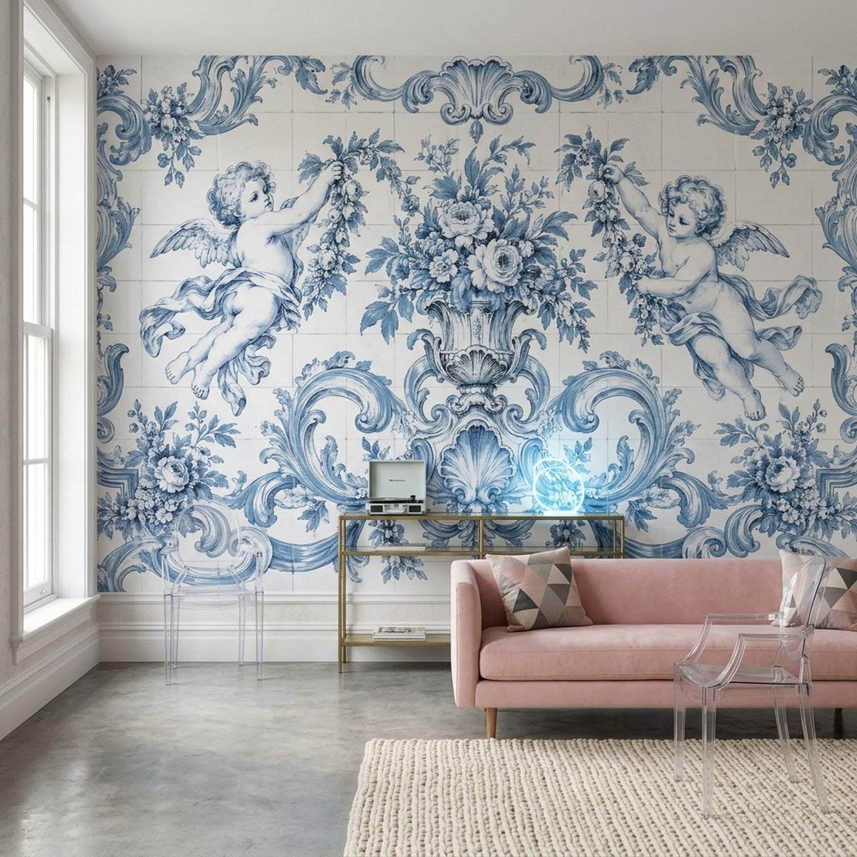 Blue And White Cherubs Wallpaper Rococo Tile Wall Mural