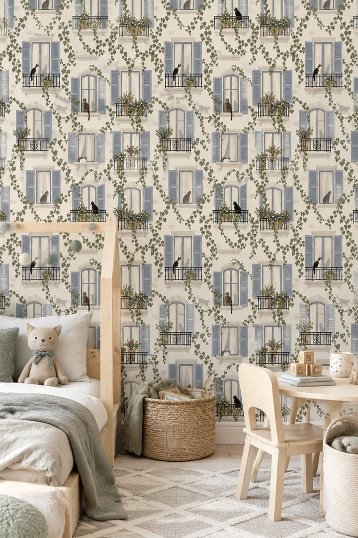 Paris Apartment Windows Wallpaper Cats And Ivy Pattern