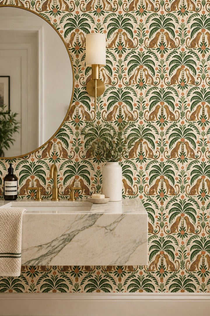 Leopard Wallpaper Tropical Palm Leaves On Cream Background