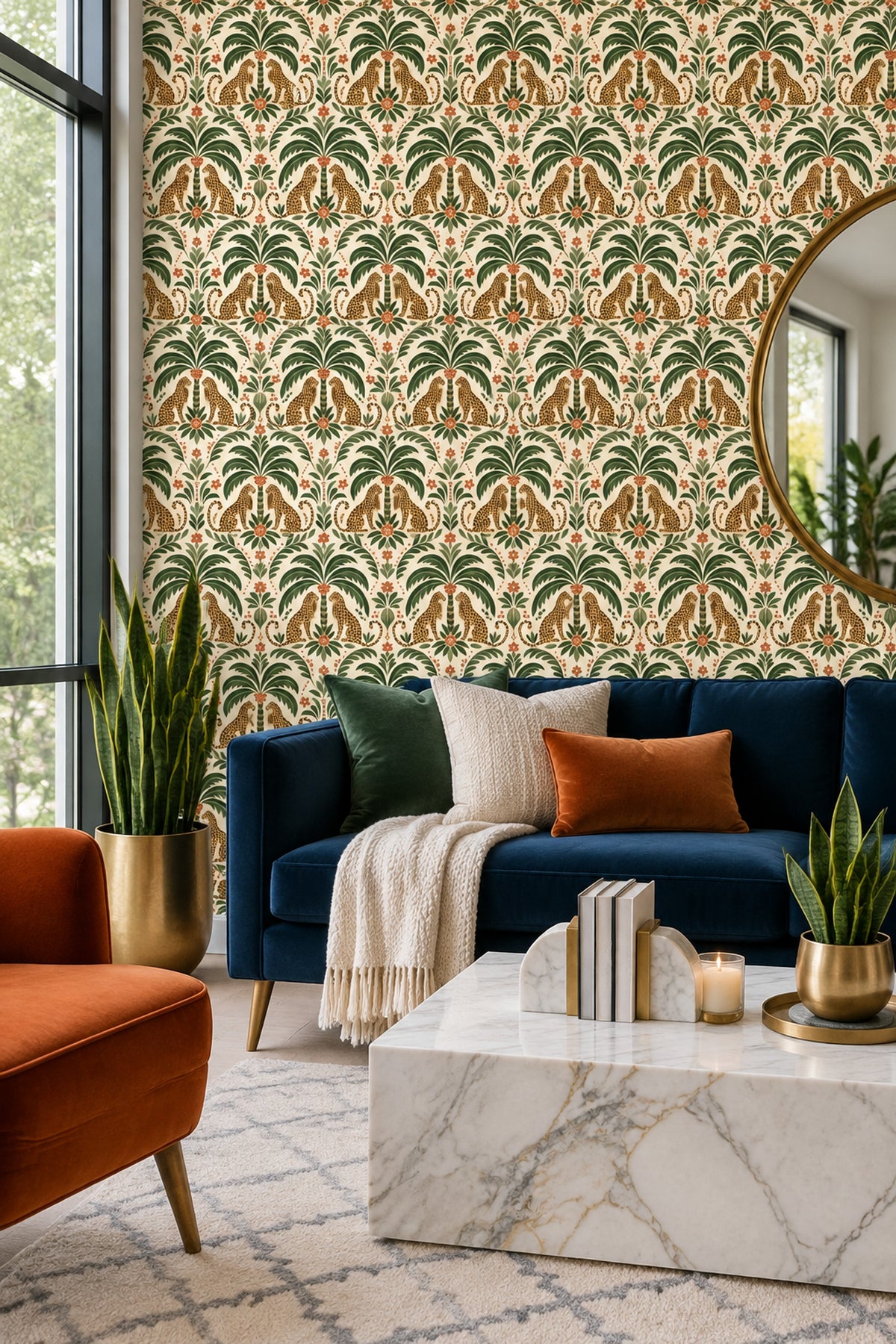 Leopard Wallpaper Tropical Palm Leaves On Cream Background
