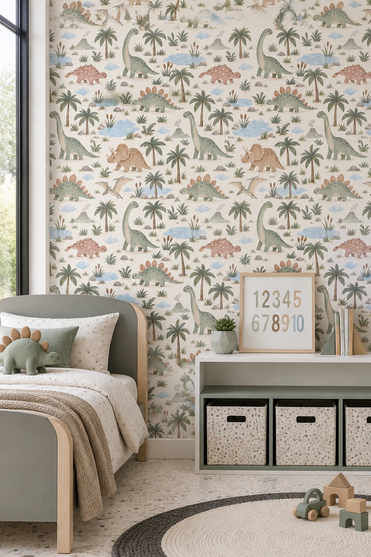 Watercolor Dinosaur Landscape Wallpaper Pastel Cream And Sage Green