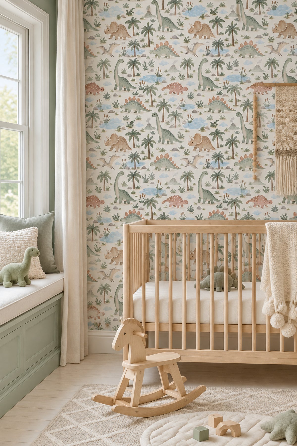 Watercolor Dinosaur Landscape Wallpaper Pastel Cream And Sage Green