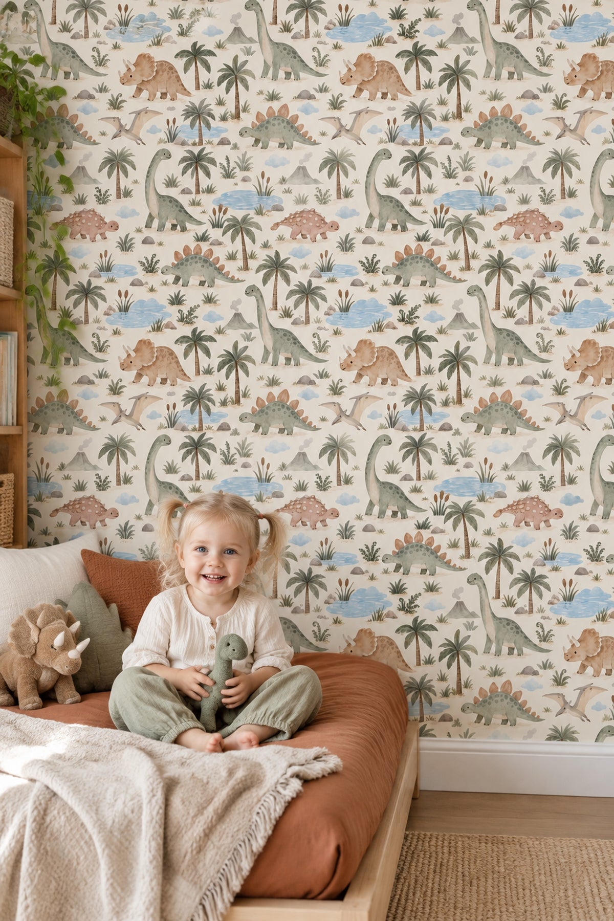 Watercolor Dinosaur Landscape Wallpaper Pastel Cream And Sage Green