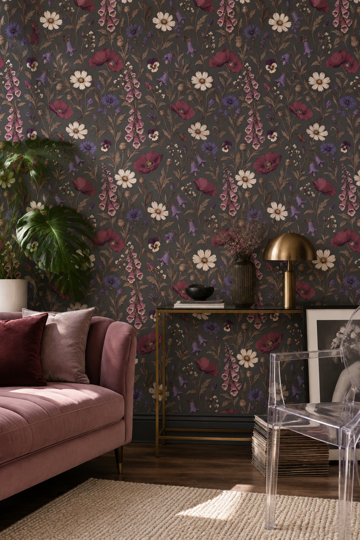 Wildflower Wallpaper Dark Floral Vintage Botanical On Charcoal Gray