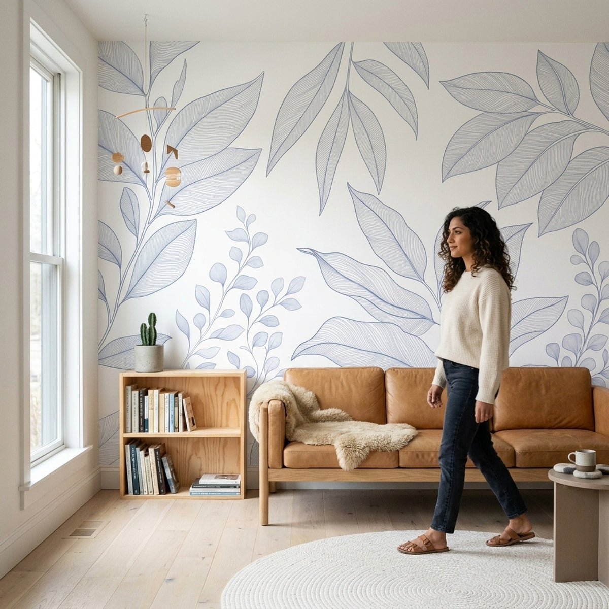Minimalist Leaf Branches Wallpaper White Background Wall Mural