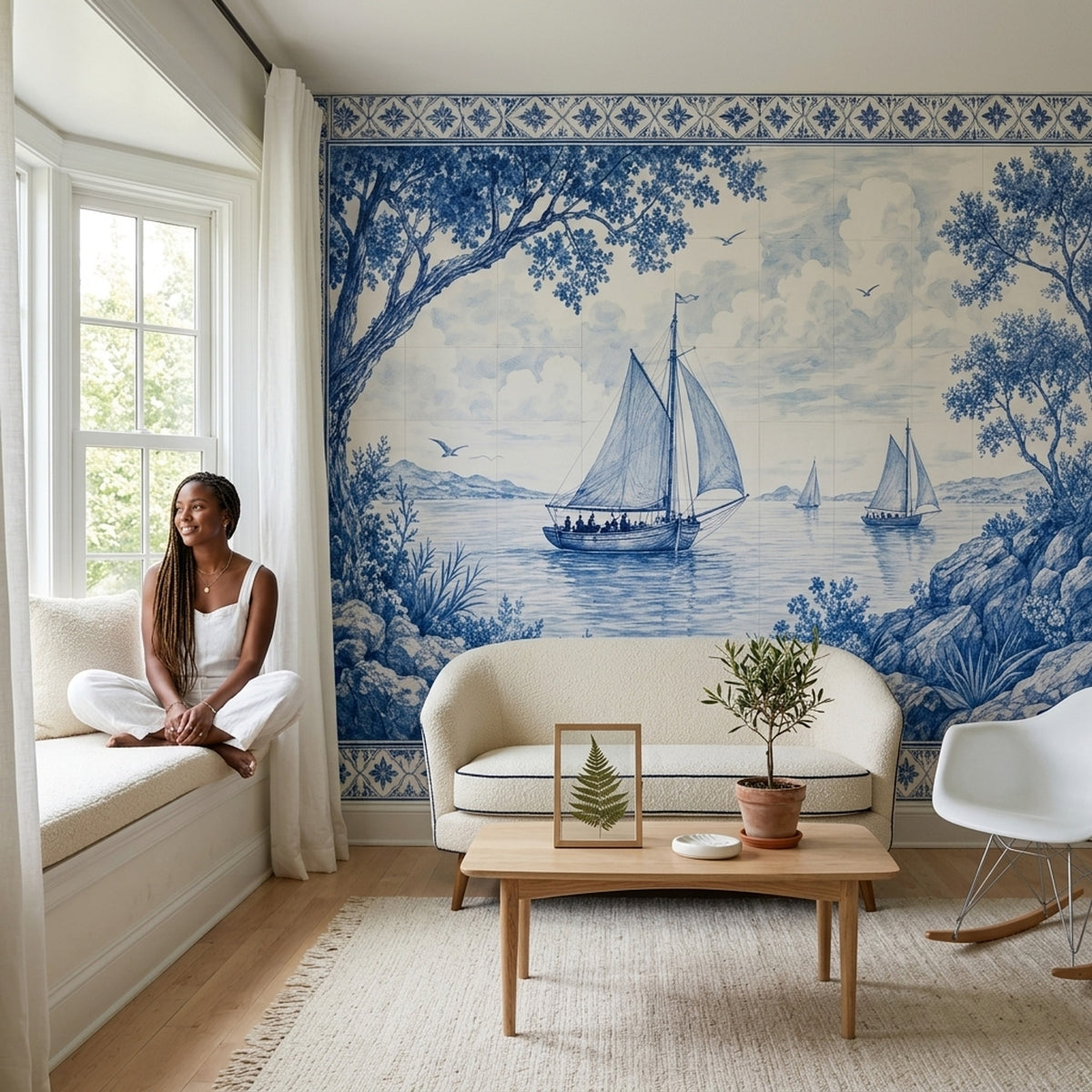 Sailboat Seascape Wallpaper Vintage Tile Border Wall Mural