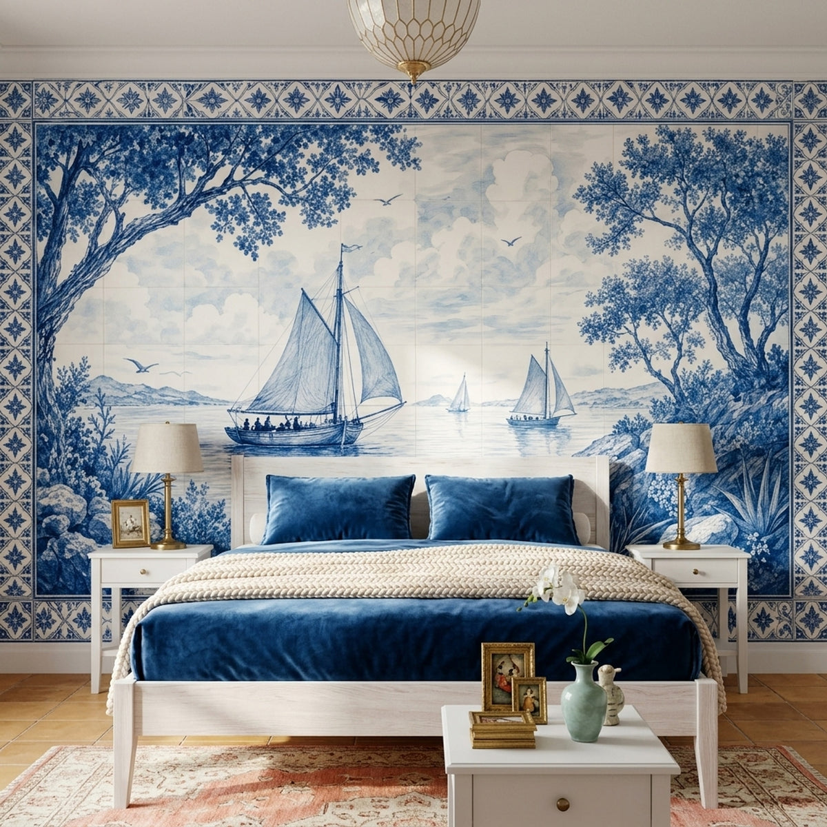Sailboat Seascape Wallpaper Vintage Tile Border Wall Mural
