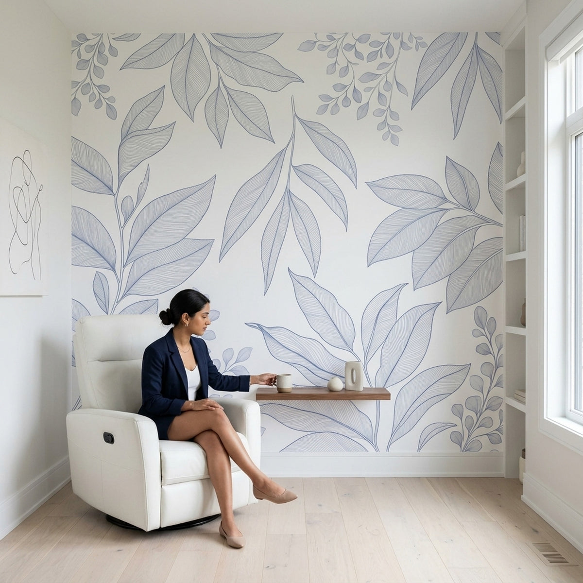 Minimalist Leaf Branches Wallpaper White Background Wall Mural