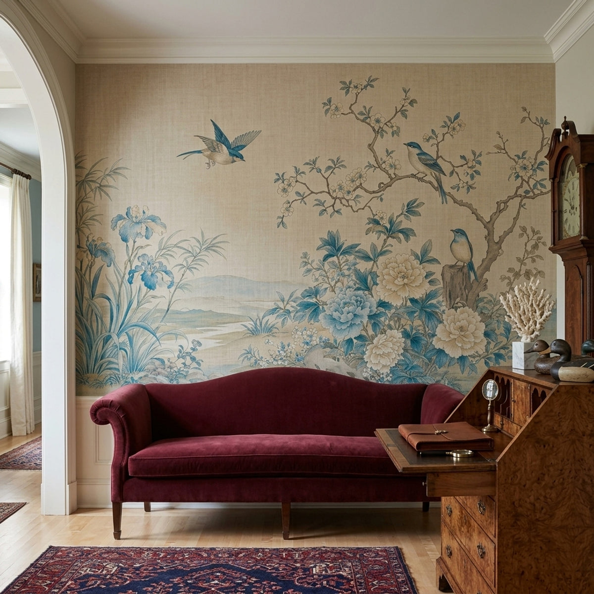 Chinoiserie Birds And Blue Blossoms Wallpaper Beige Landscape Wall Mural