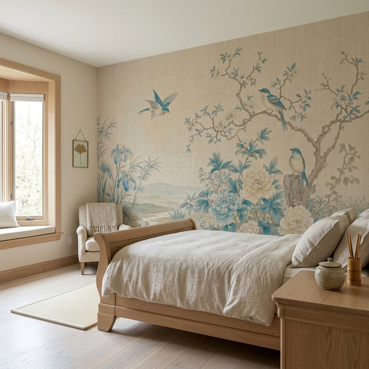 Chinoiserie Birds And Blue Blossoms Wallpaper Beige Landscape Wall Mural