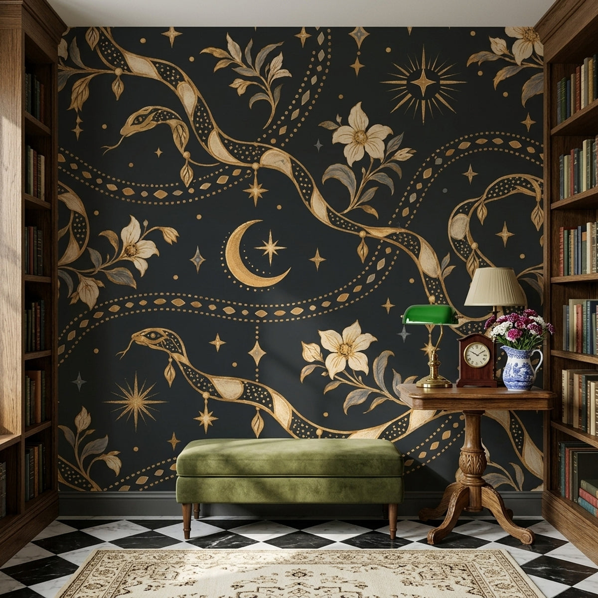 Gold Snakes And Crescent Moon Wallpaper Ornate Celestial Wall Mural
