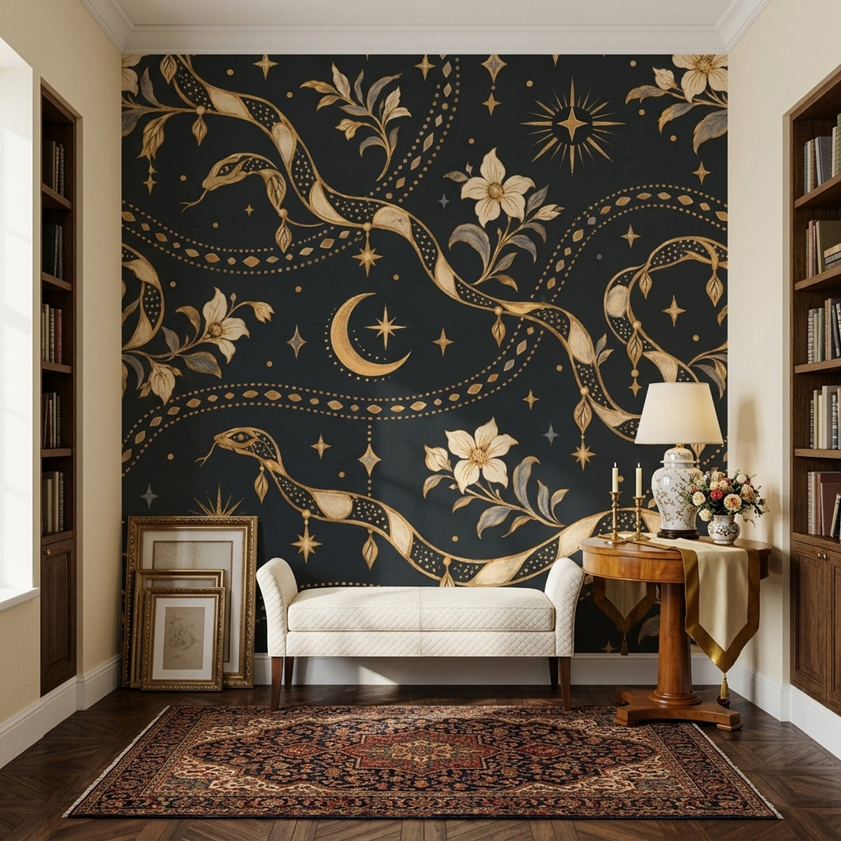 Gold Snakes And Crescent Moon Wallpaper Ornate Celestial Wall Mural