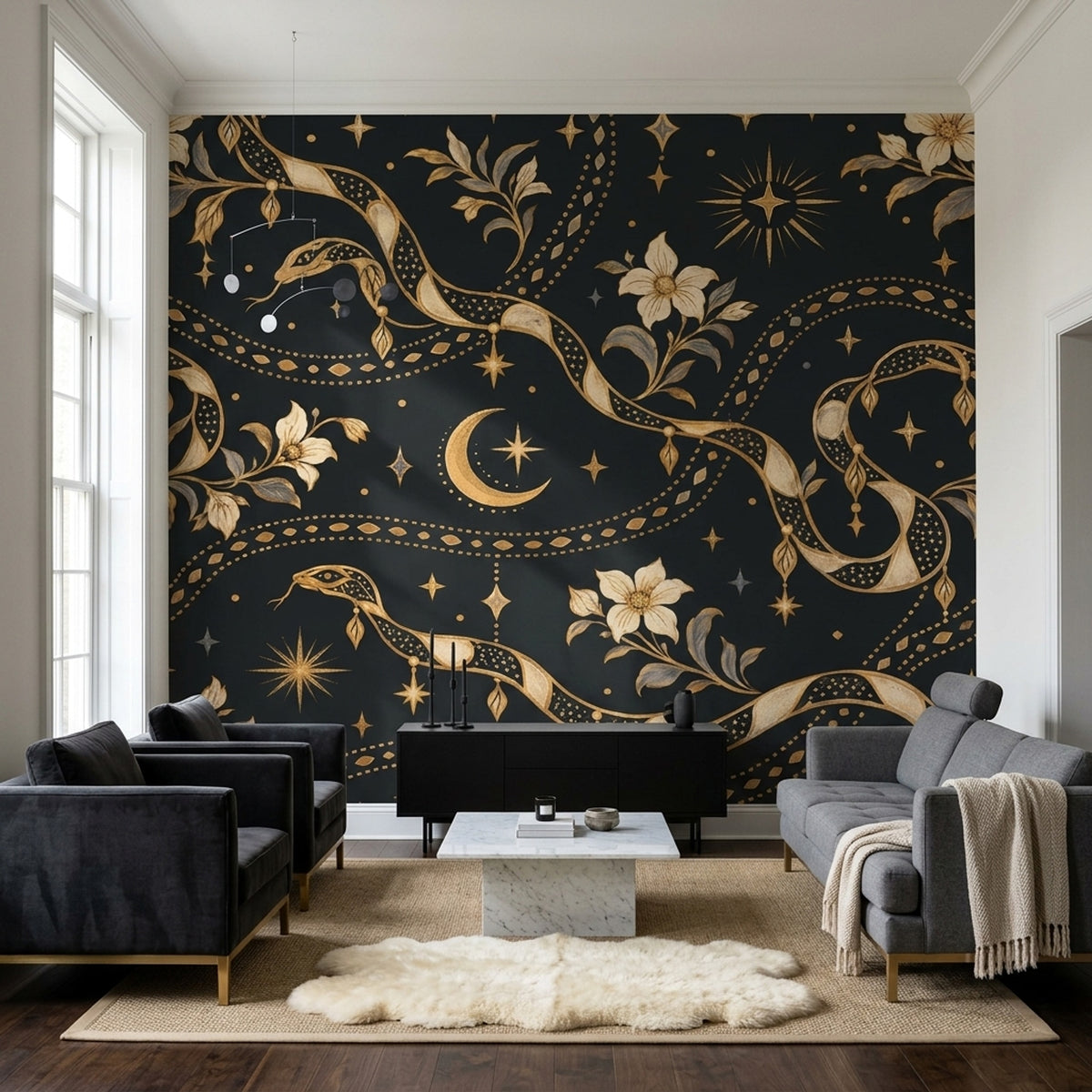Gold Snakes And Crescent Moon Wallpaper Ornate Celestial Wall Mural