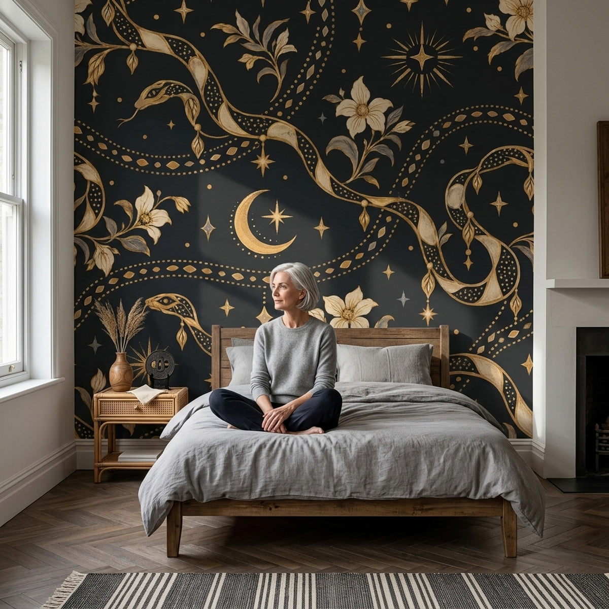 Gold Snakes And Crescent Moon Wallpaper Ornate Celestial Wall Mural