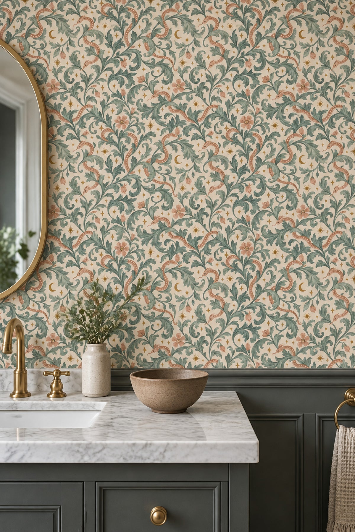 Serpent Botanical Wallpaper Sage Green Vintage Celestial Pattern
