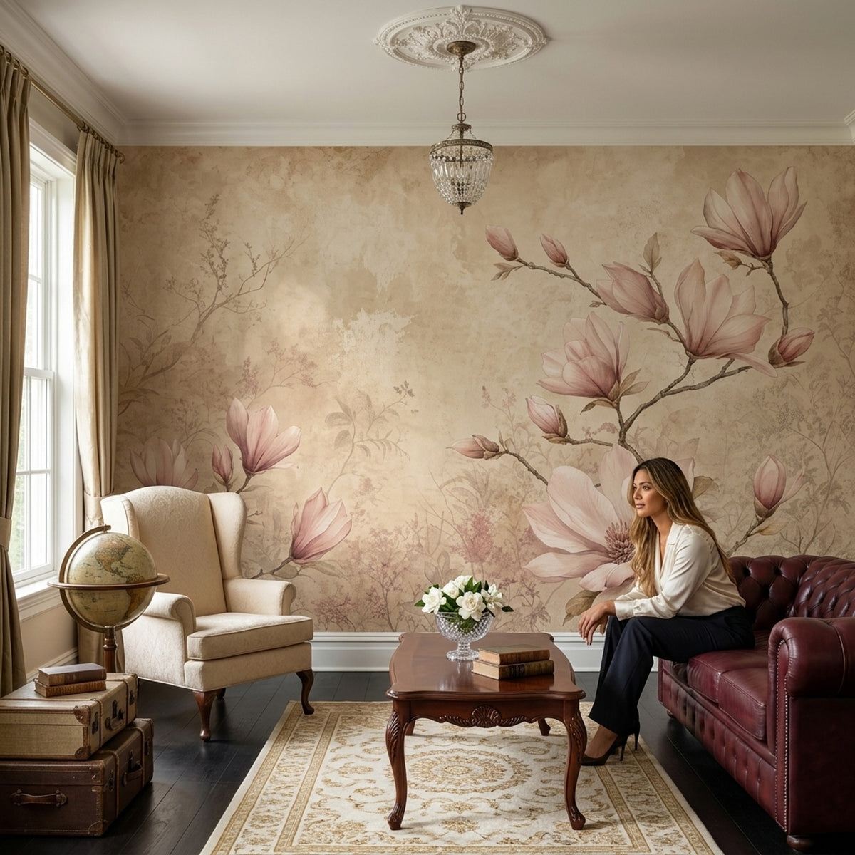 Soft Pink Magnolia Wallpaper Vintage Botanical Wall Mural