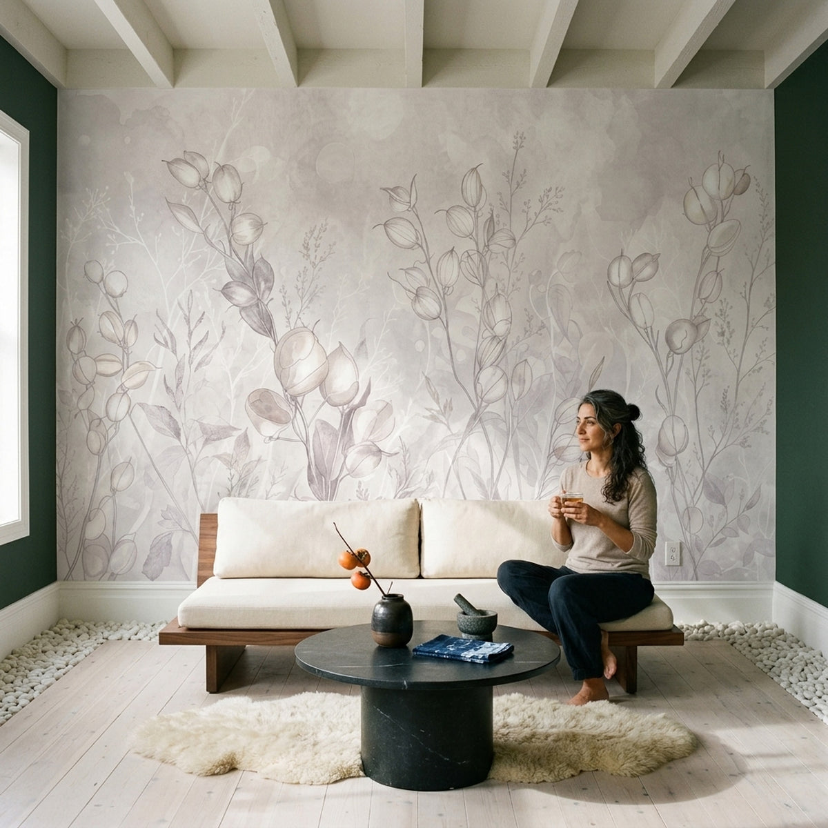 Delicate Botanical Stems Wallpaper Watercolor Line Art Wall Mural