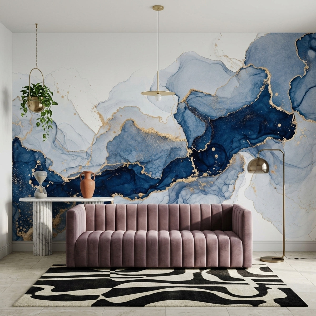 Blue Ink Marble Wallpaper Gold Vein Wall Mural
