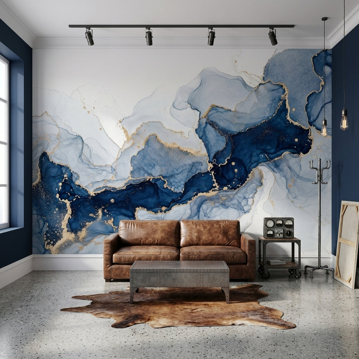 Blue Ink Marble Wallpaper Gold Vein Wall Mural