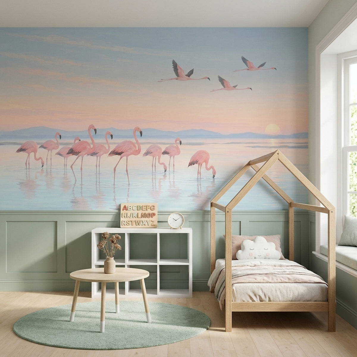 Flying Flamingos Wallpaper Pastel Sunset Lagoon Wall Mural