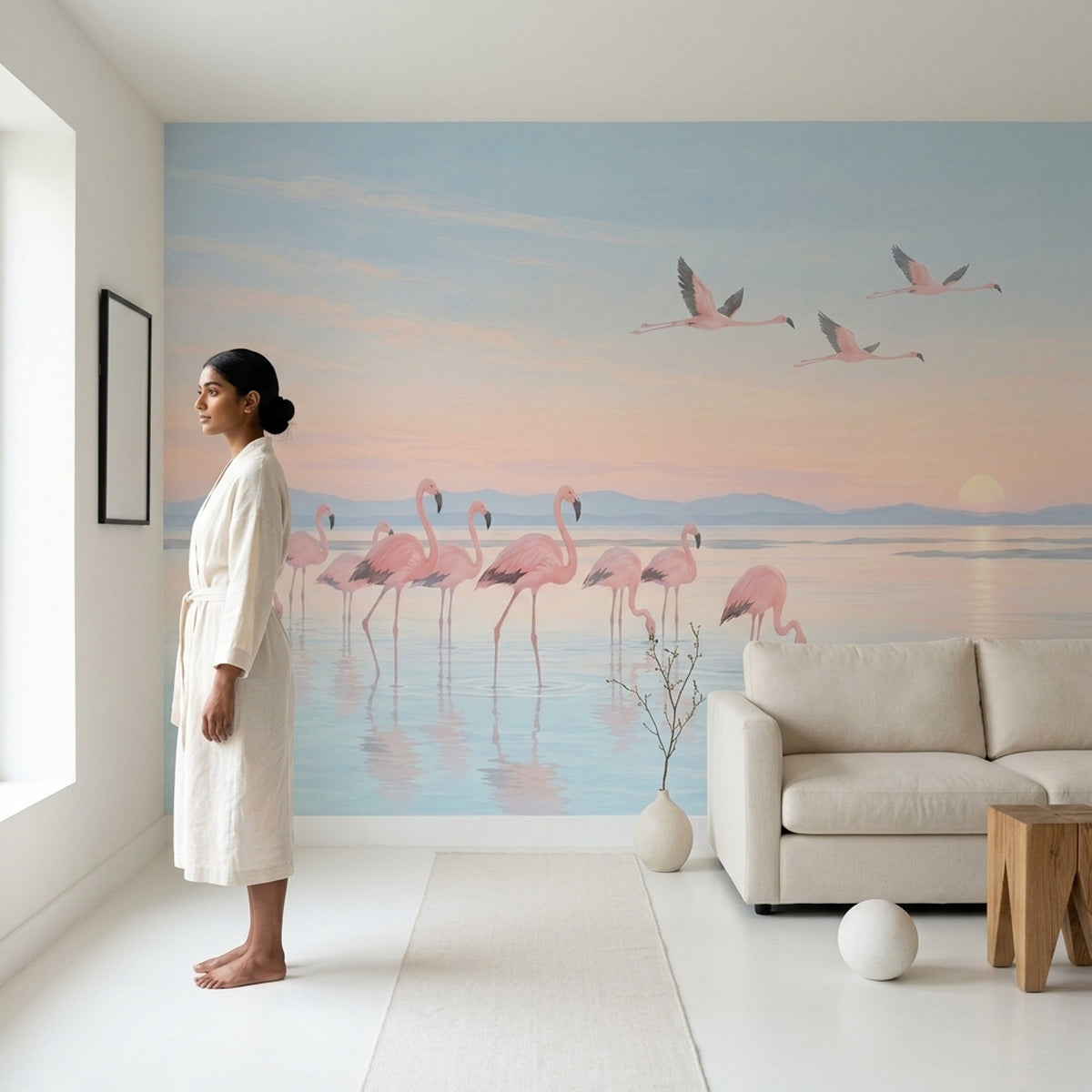 Flying Flamingos Wallpaper Pastel Sunset Lagoon Wall Mural