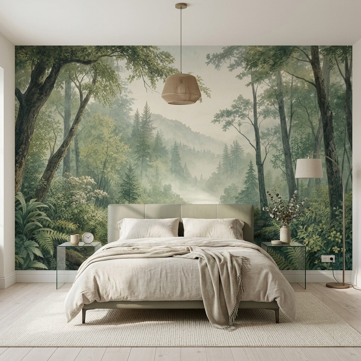 Misty Forest River Wallpaper Watercolor Landscape Wall Mural