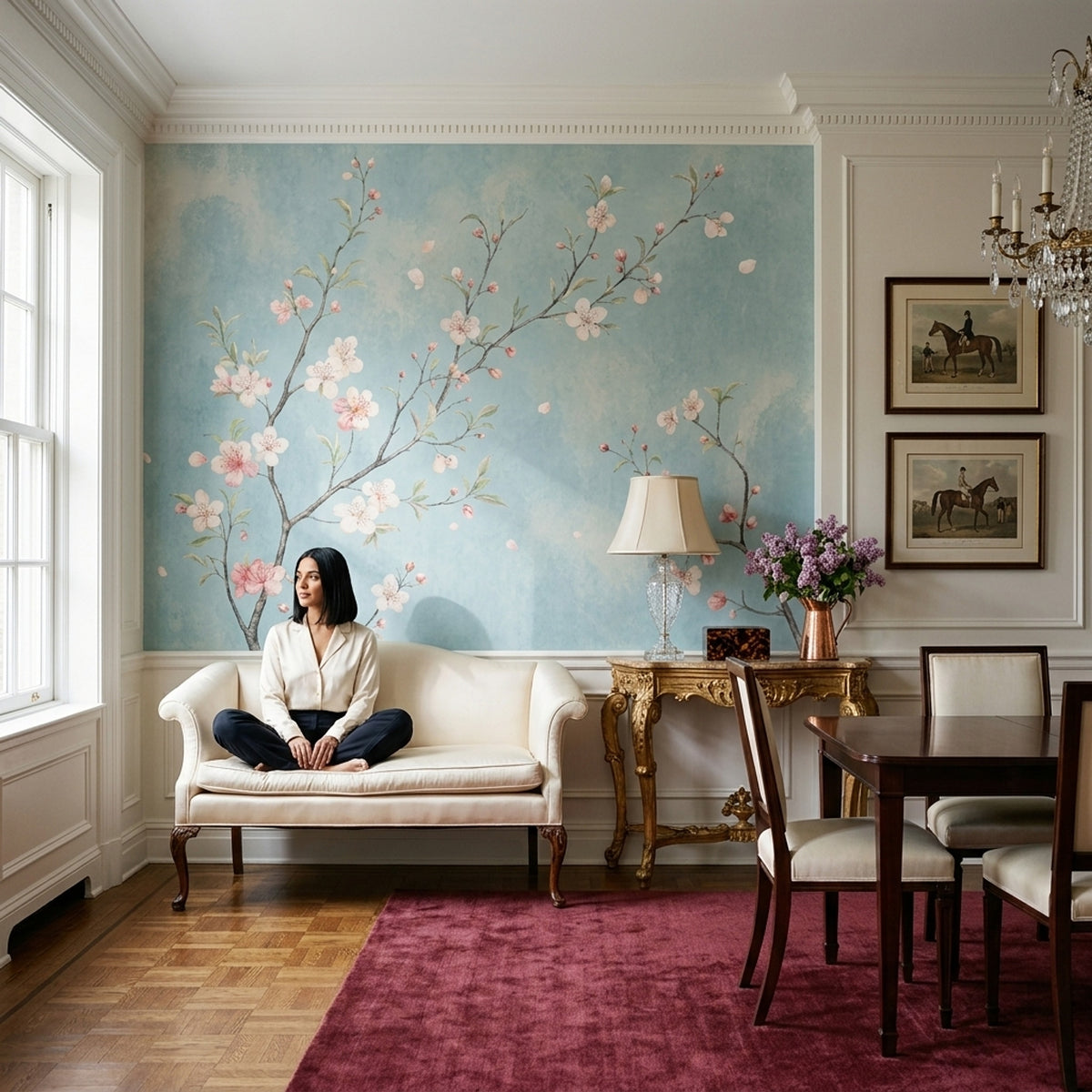 Cherry Blossom Branches Wallpaper Pale Blue Watercolor Wall Mural