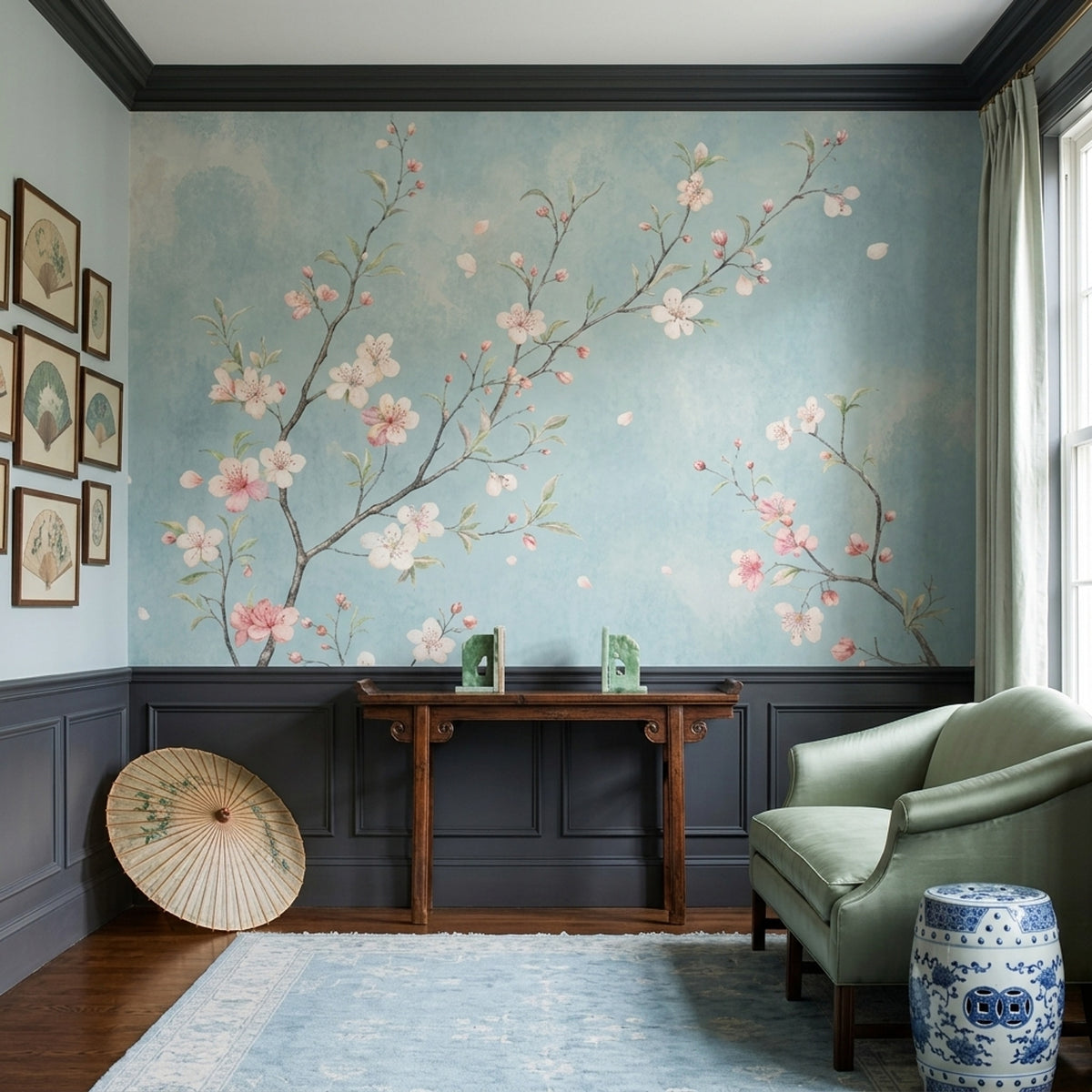 Cherry Blossom Branches Wallpaper Pale Blue Watercolor Wall Mural