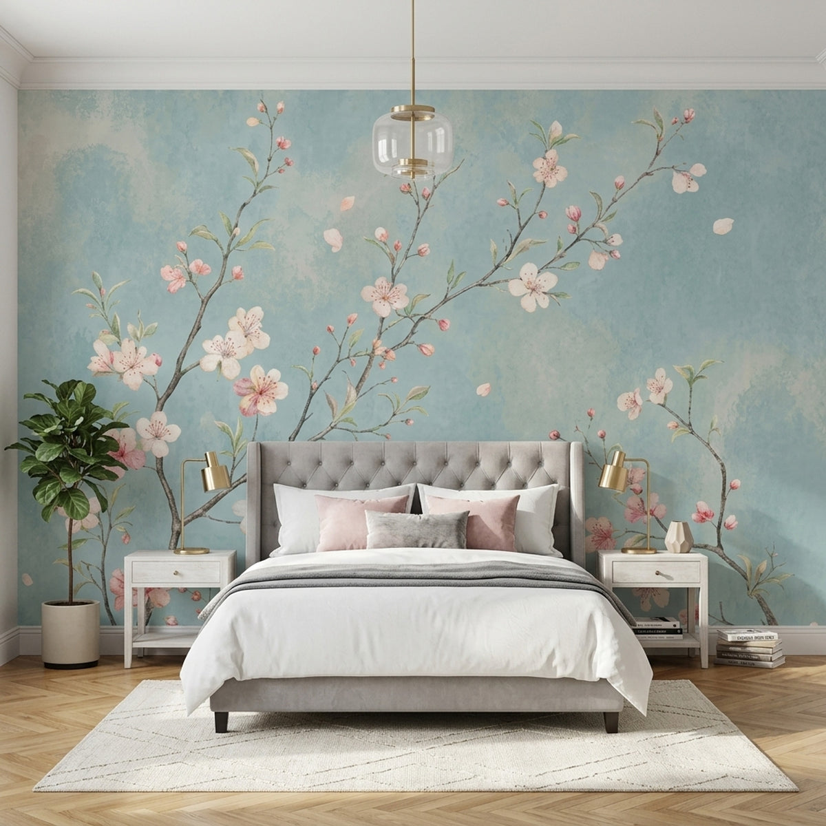 Cherry Blossom Branches Wallpaper Pale Blue Watercolor Wall Mural