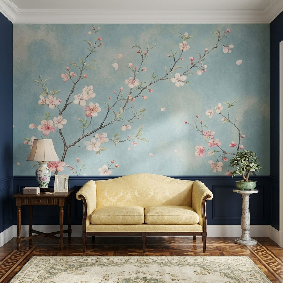 Cherry Blossom Branches Wallpaper Pale Blue Watercolor Wall Mural