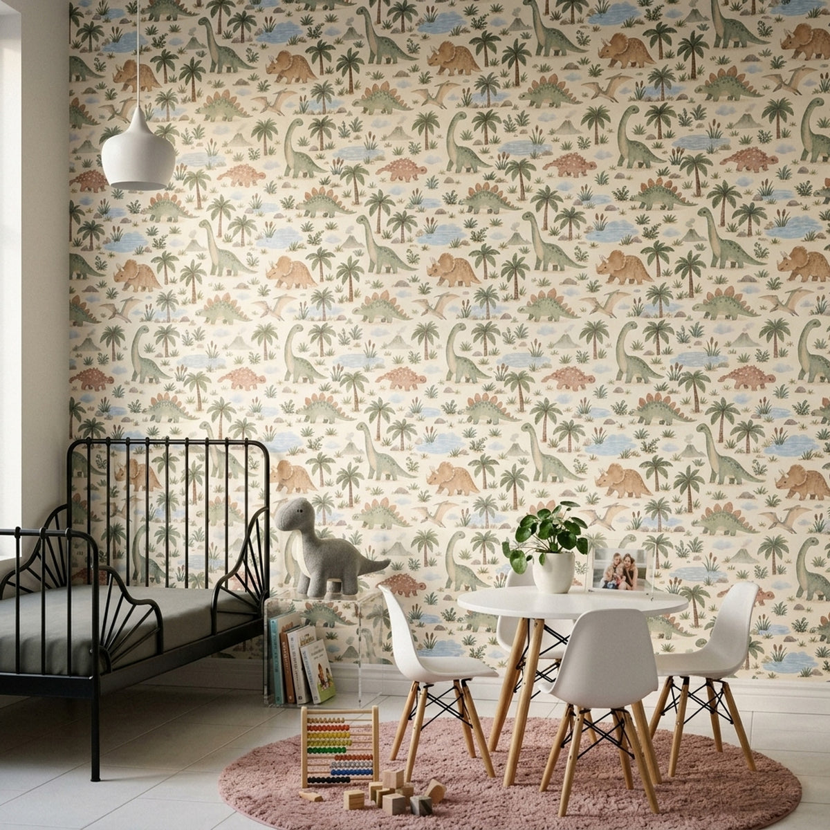 Watercolor Dinosaur Landscape Wallpaper Pastel Cream And Sage Green