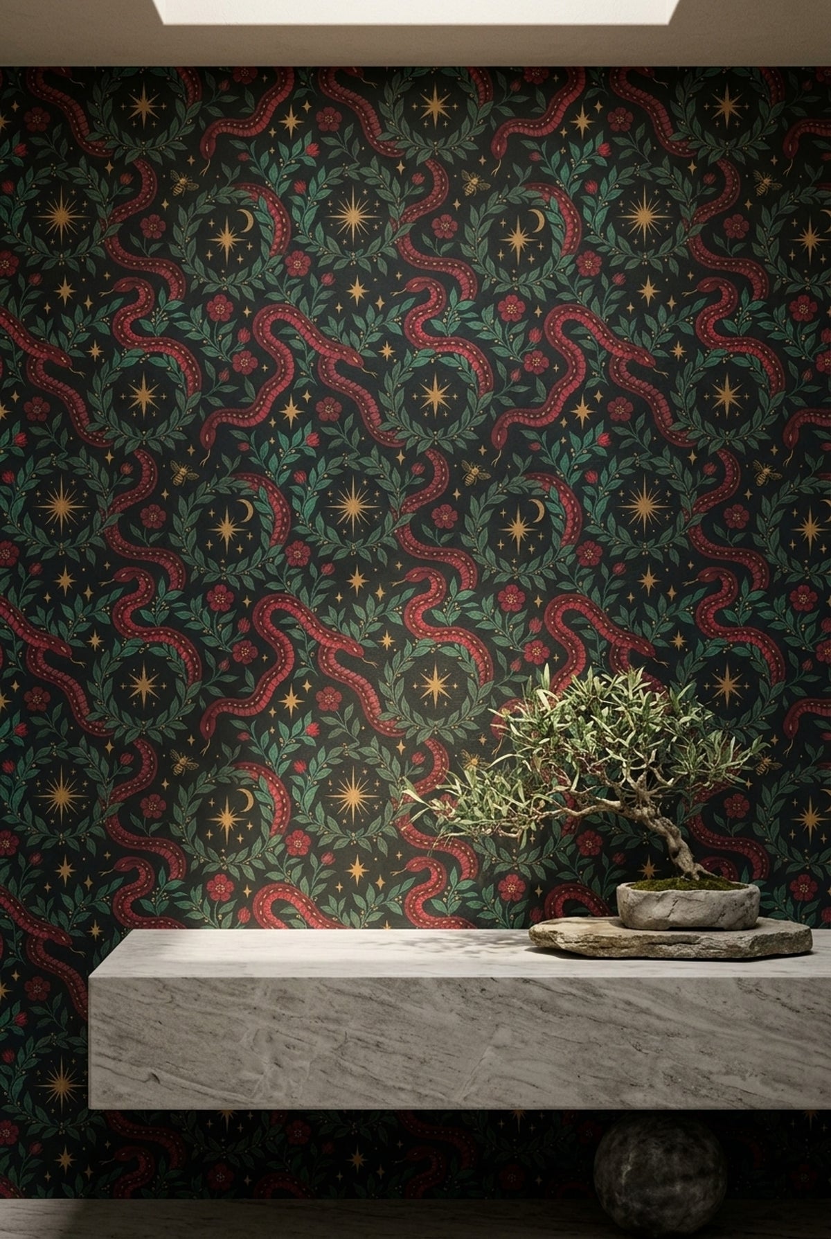 Serpent Floral Wallpaper Dark Botanical Celestial Pattern