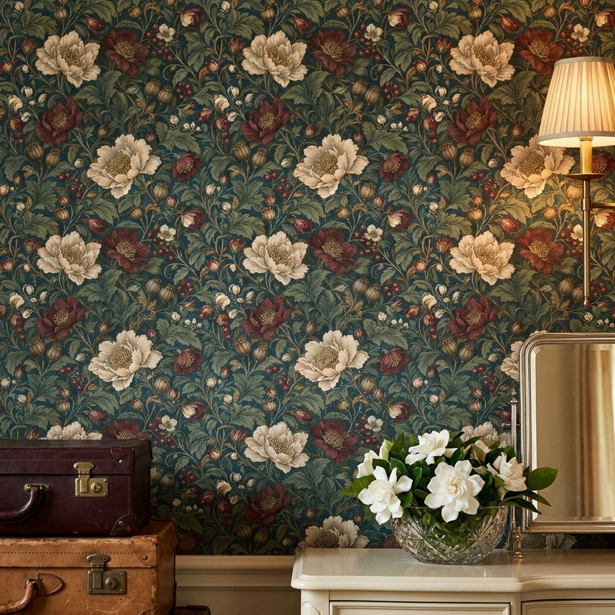Botanical Floral Wallpaper Dark Teal Vintage Pattern