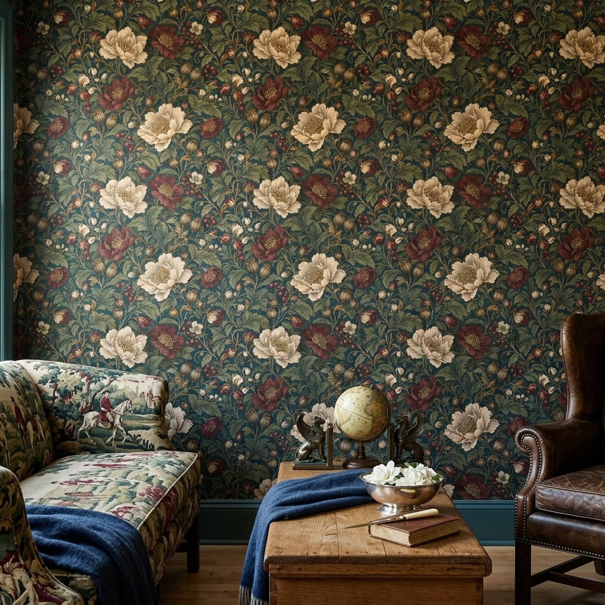 Botanical Floral Wallpaper Dark Teal Vintage Pattern