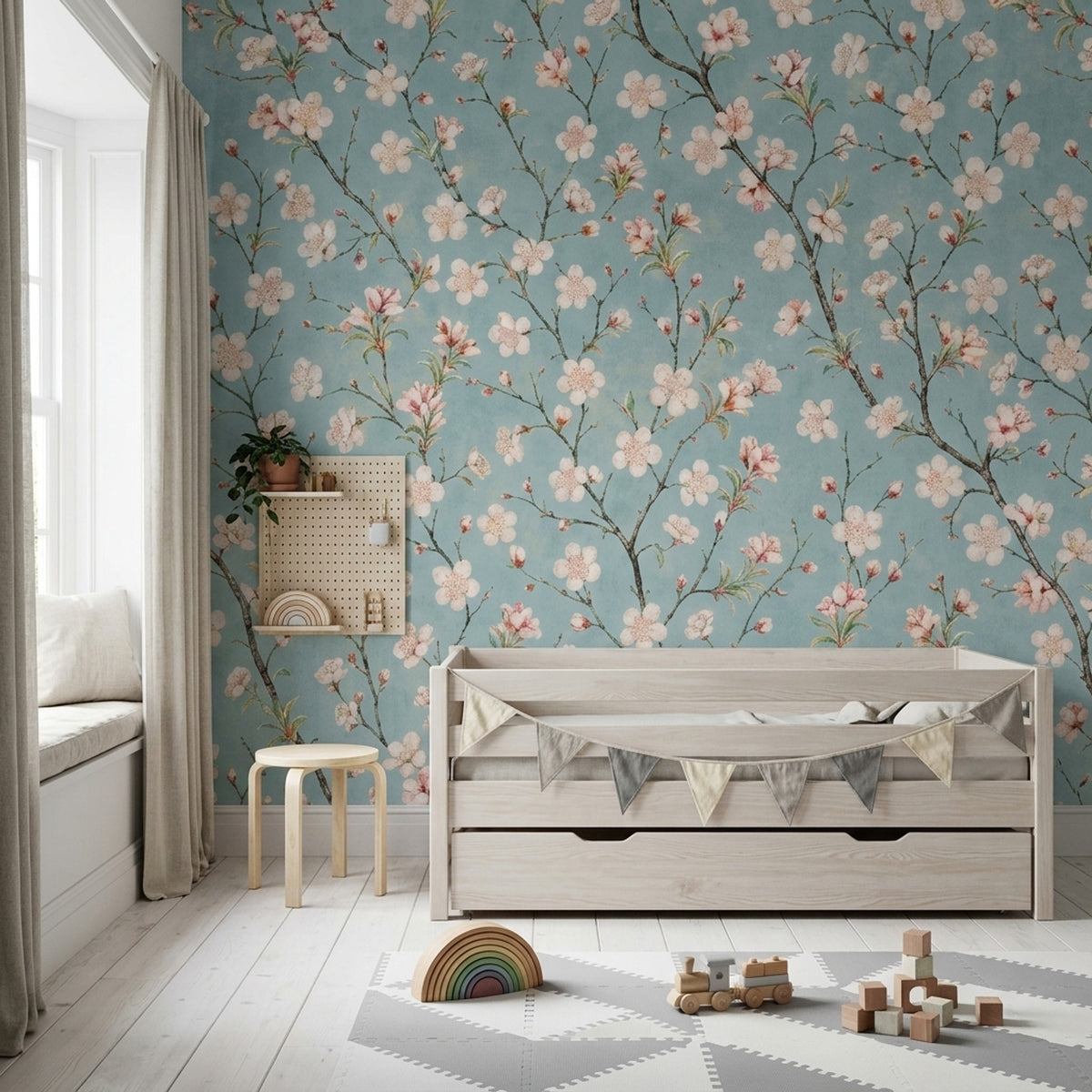 Cherry Blossom Branches Wallpaper Chinoiserie Blue Wall Mural