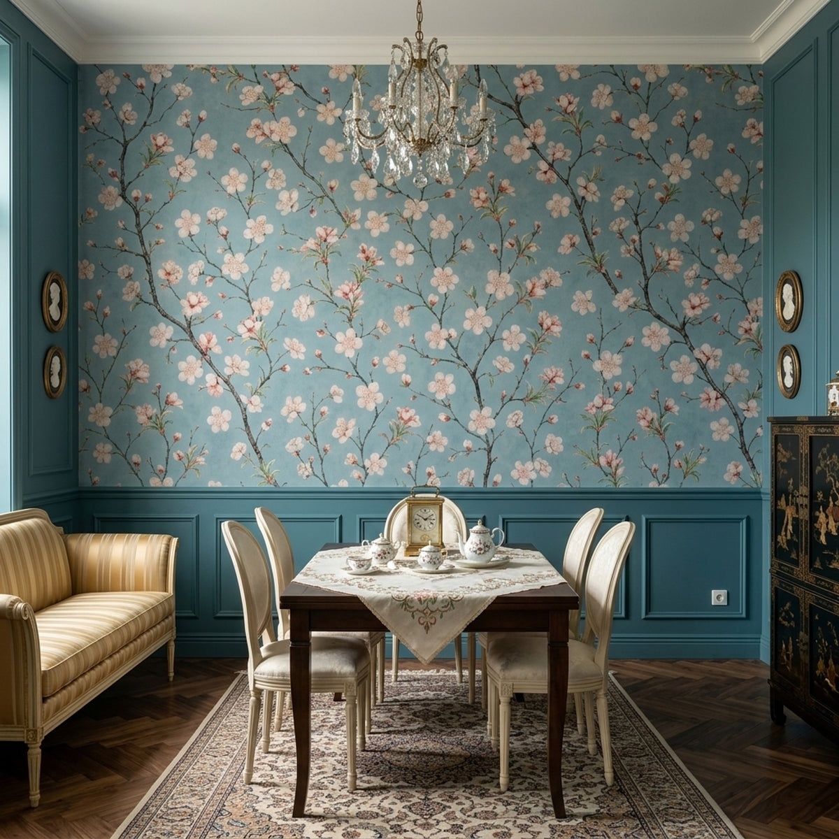 Cherry Blossom Branches Wallpaper Chinoiserie Blue Wall Mural
