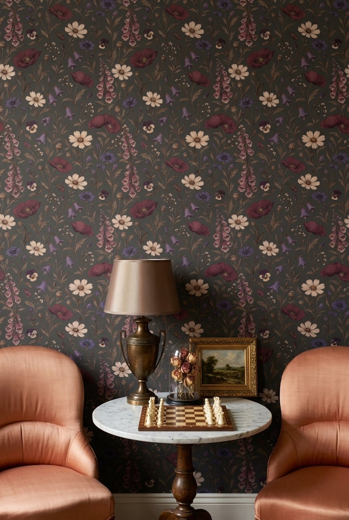 Wildflower Wallpaper Dark Floral Vintage Botanical On Charcoal Gray