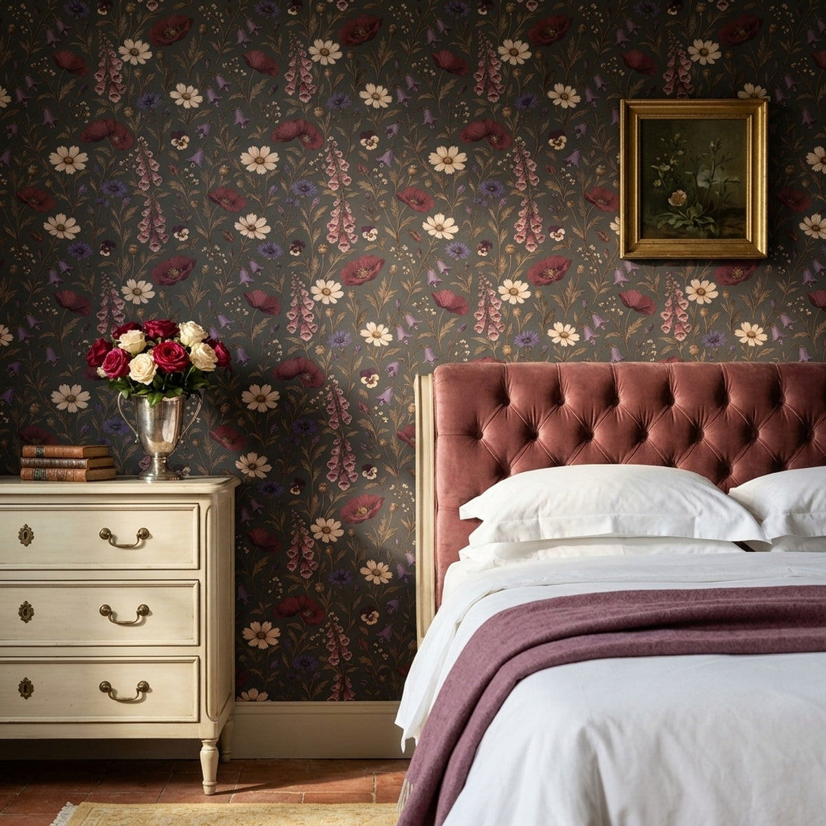 Wildflower Wallpaper Dark Floral Vintage Botanical On Charcoal Gray