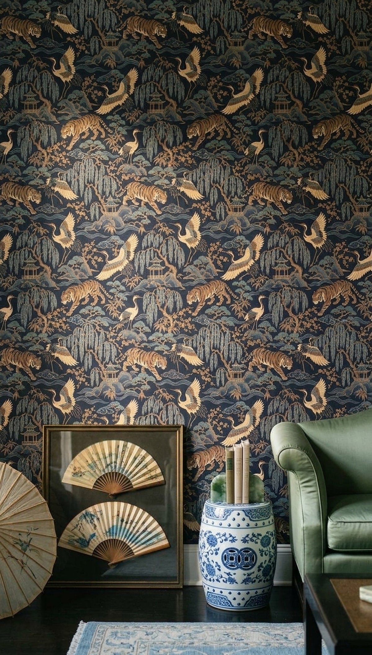 Tiger And Crane Wallpaper Dark Chinoiserie Scenic Pattern